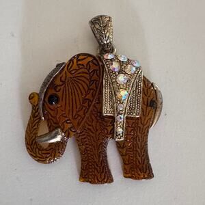 Elephant Statement Pendant Necklace Amber with Rhinestones
